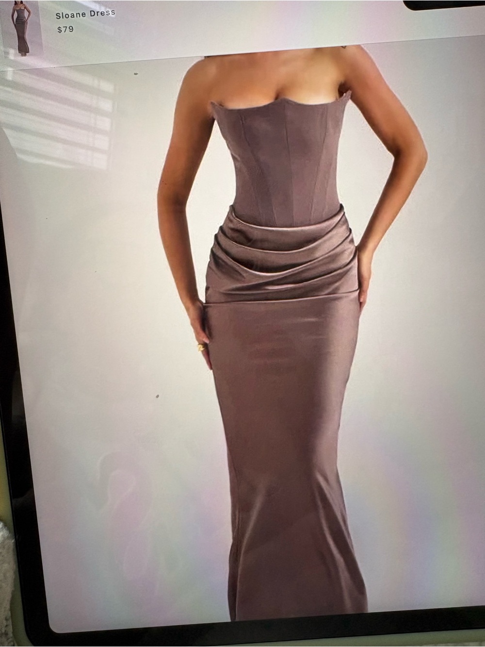 Strapless Corset Satin Gown in Taupe
